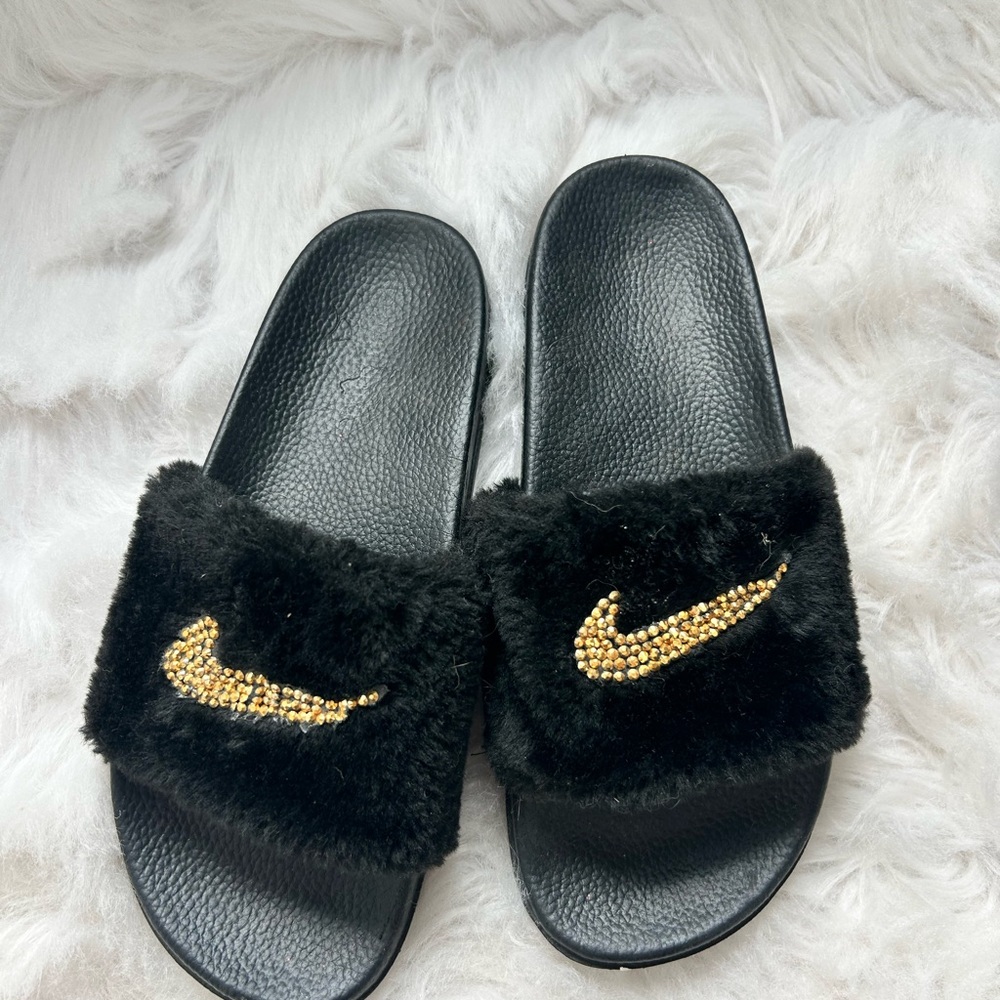 Nike Black Faux Fur Slides with Gold Crystal Swooshes